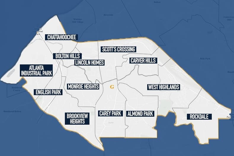 NPU-G Atlanta map showing thirteen neighborhoods