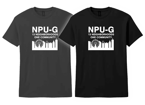 NPU-G black tee mockup with Atlanta skyline and 13 Neighborhoods One Community